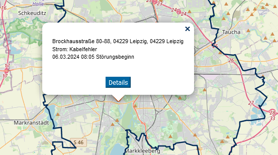 In Schleußig ist am Morgen der Strom ausgefallen. (Screenshot: Netz Leipzig)