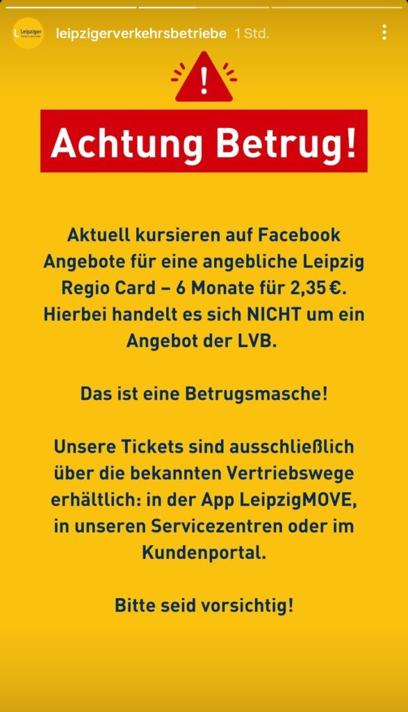 Die LVB warnen vor einer neuen Betrugsmasche. (Screenshot: Instagram / leipzigerverkehrsbetriebe)
