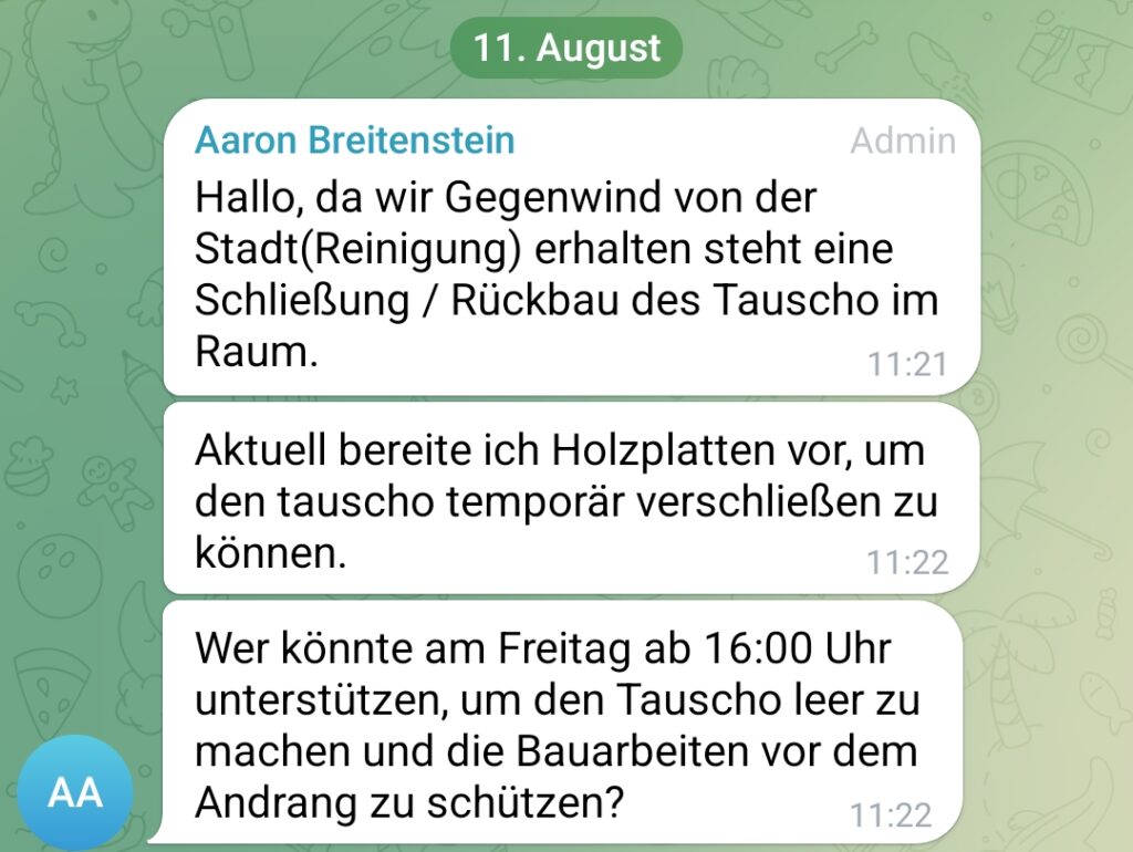 Vorbereitung für die Schließung von "Lenes Tauscho" (Screenshot: Telegram / @lenestauscho)